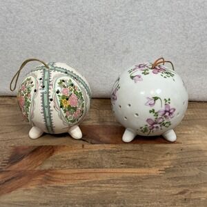 Vintage Ceramic Potpourri Ball Holders 2 Pomanders 3" Hanging Ornament Freshener